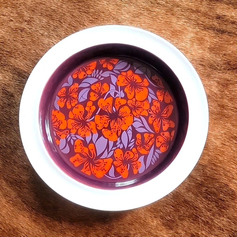 Retro 1970 orange and purple Hibiscus bowl plate